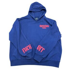 Rock Star Original Hoodie “F*ck Off” sleeve spell out streetwear Navy/Red Large